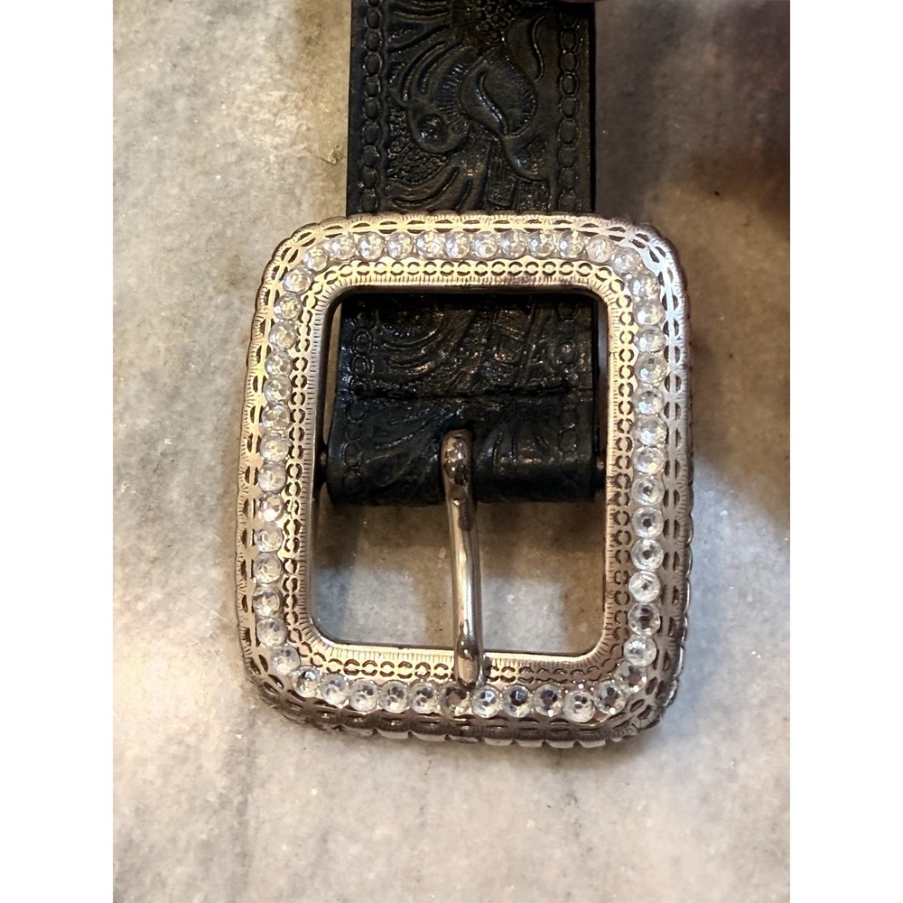 Embossed‎ Black Genuine Leather Belt Size M Women Rhinestone Buckle